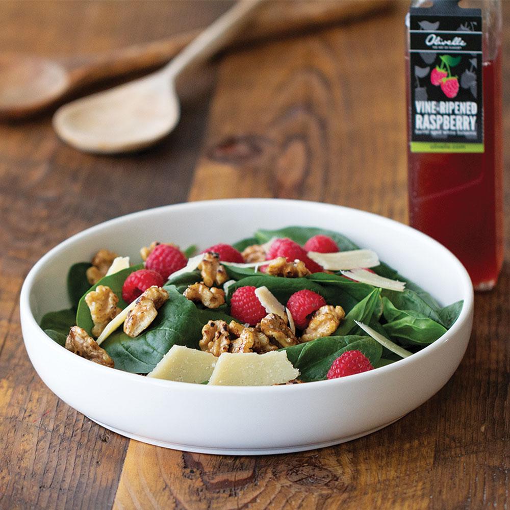 RASPBERRY SPINACH SALAD WITH BALSAMIC CARAMELIZED NUTS