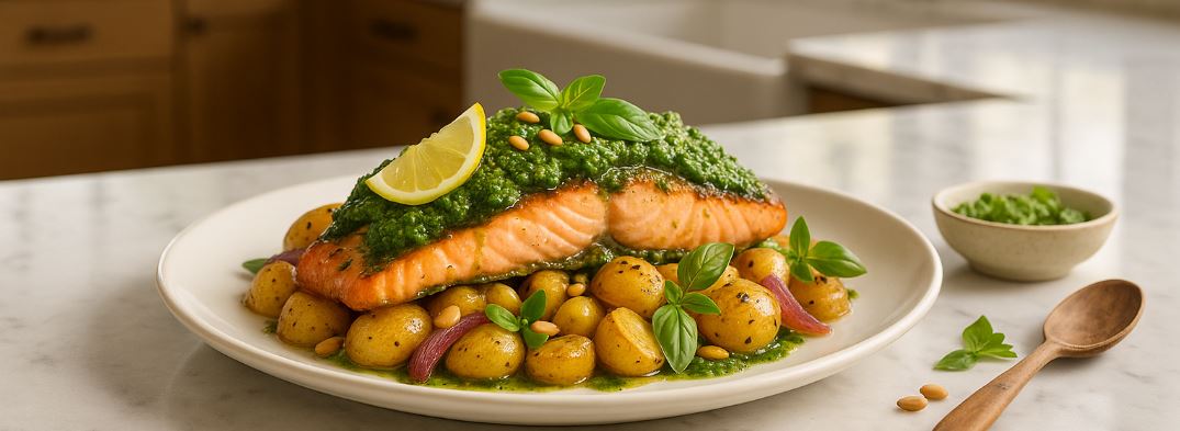 Baked Salmon and Golden Potatoes with Fresh Pesto