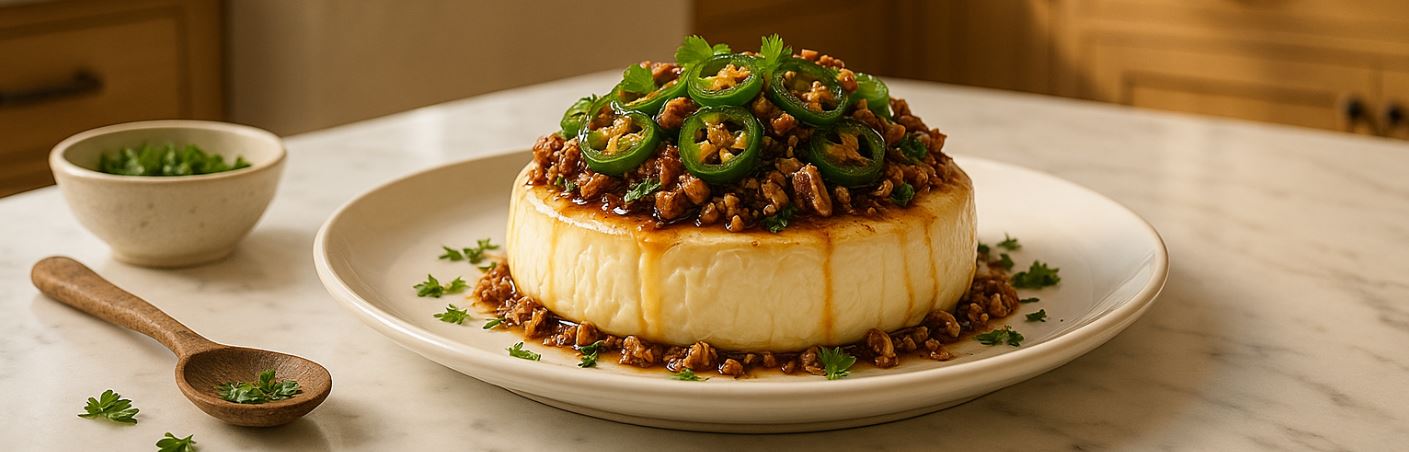 Brie with Honey Balsamic Glazed Jalapenos and Pecans