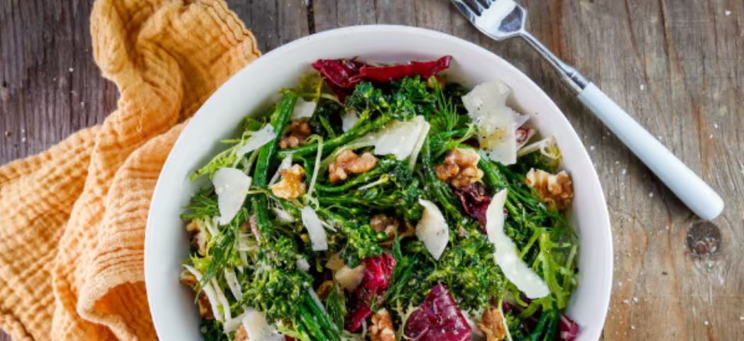 Broccolini, Escarole, and Radicchio Salad with Anchovy Dressing and Toasted Walnuts