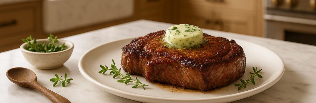Brown Sugar, Chili-Rubbed Ribeye Steaks with Herb Butter