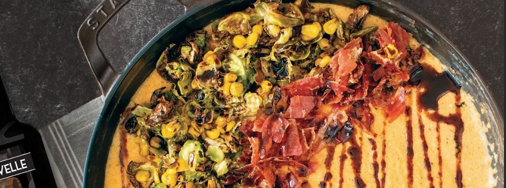 Creamy Polenta with Crispy Pancetta, Brussels Sprouts, and Corn