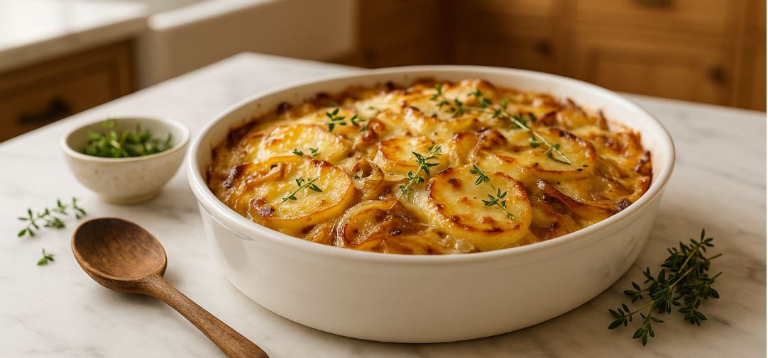 Classic Potato and Caramelized Onion, Gruyère Gratin