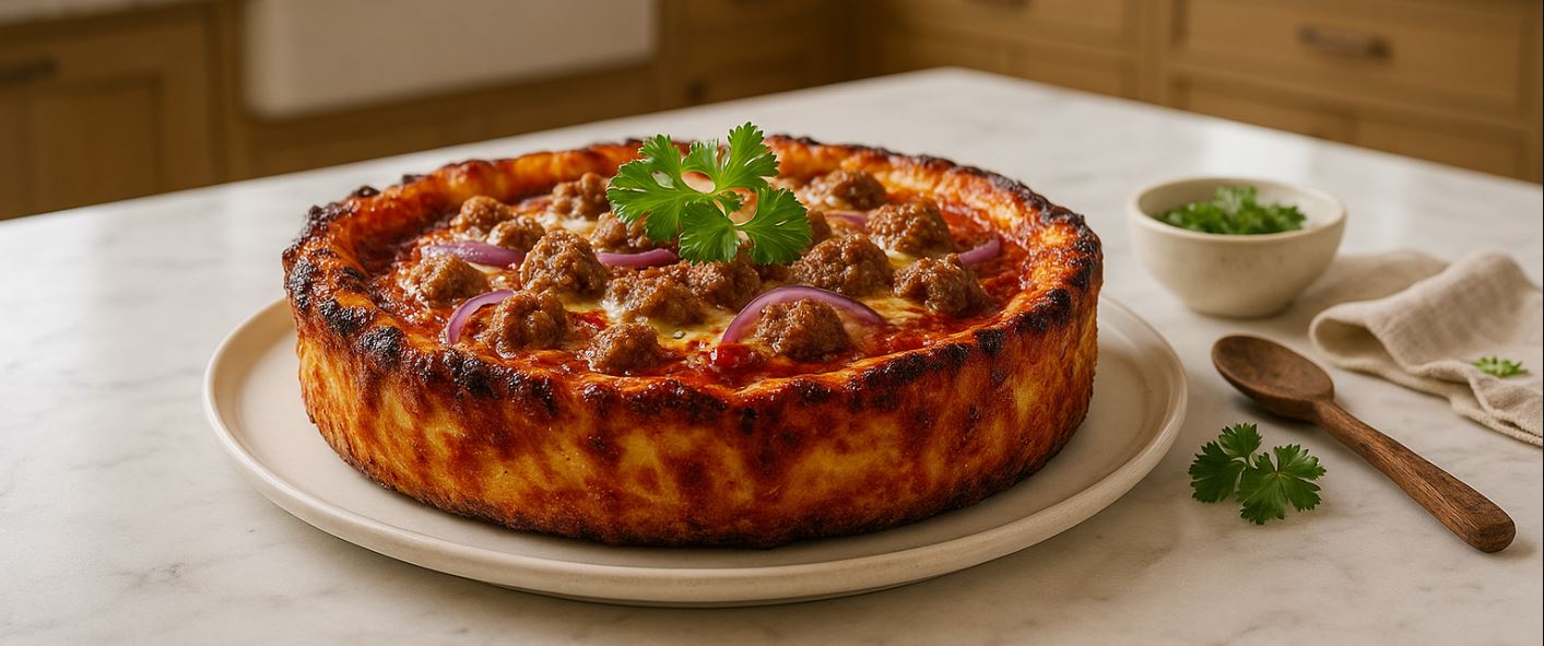 Deep Dish Pizza - Sausage & Red Onion with a Crispy, Caramelized, Cheesy Crust