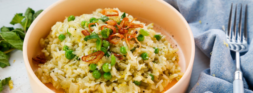 Spring Pea Risotto with Mint, Tarragon, and Crispy Shallots