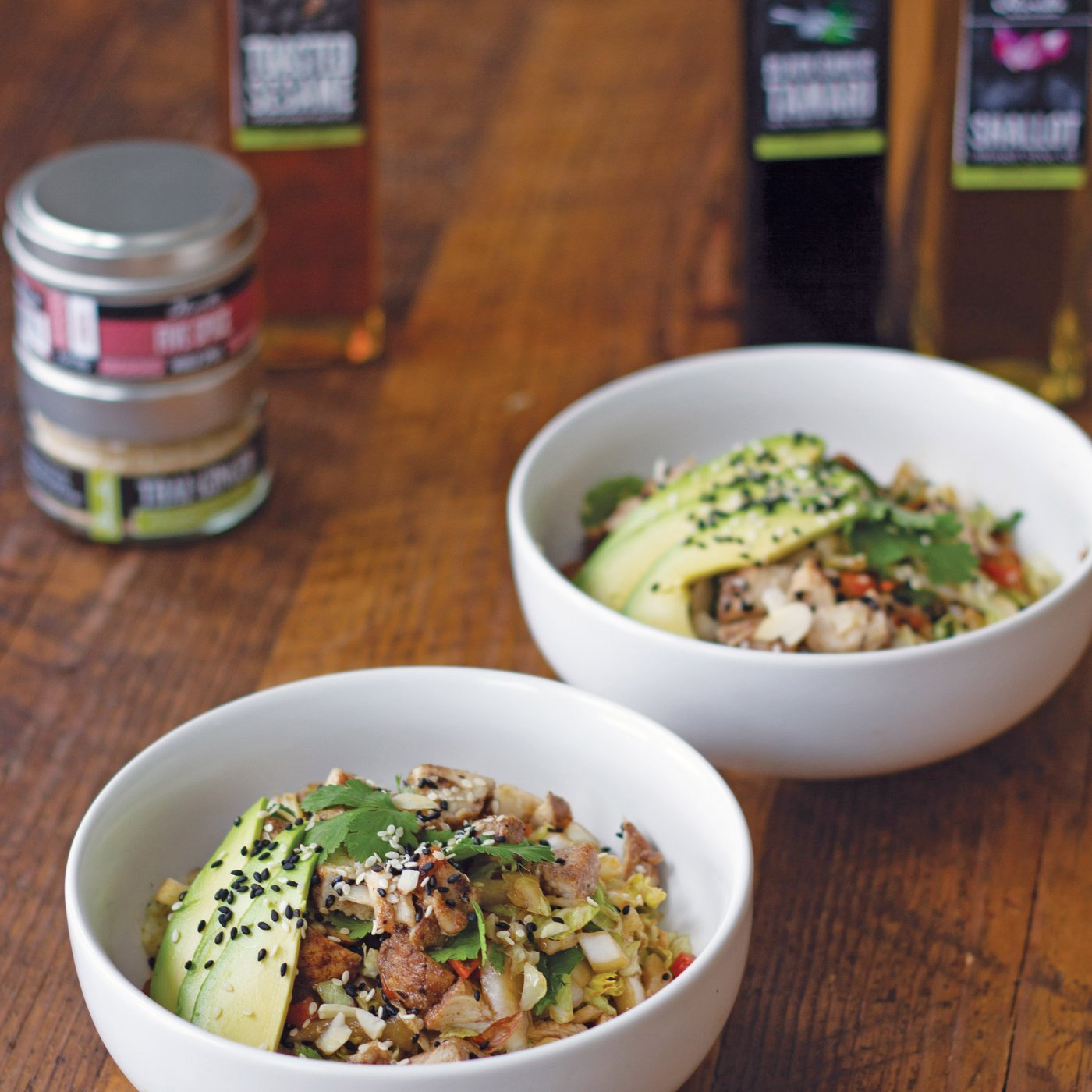 FIVE SPICE CHICKEN SALAD WITH A TANGERINE BLACK GARLIC ASIAN DRESSING