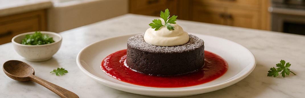 Flourless Chocolate Espresso Cake with Raspberry Sauce and Crème Fraîche