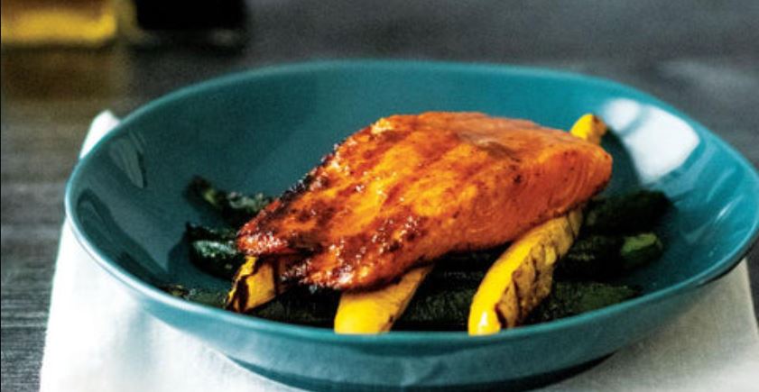 Grilled Salmon & Squash with Brown Sugar Bourbon Glaze