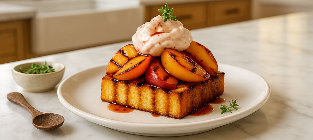 Grilled Poppy Seed Pound Cake with Summer Nectarines & Crème Fraîche