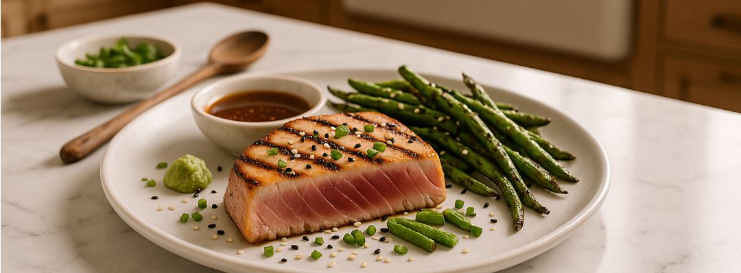 Grilled Tuna Steaks with Citrus-Ginger Dipping Sauce and Green Beans