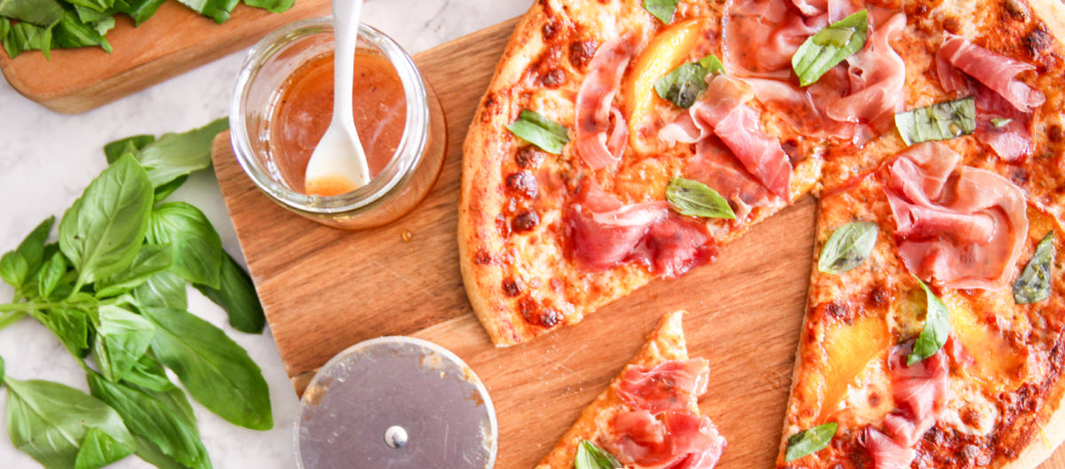 Peach and Prosciutto Neapolitan Pizza with Spicy Honey Drizzle