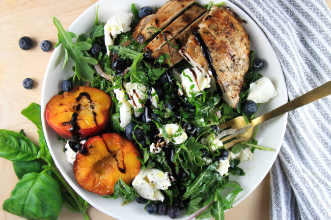 Balsamic Chicken and Arugula Salad with Nectarines, Blueberries and Burrata