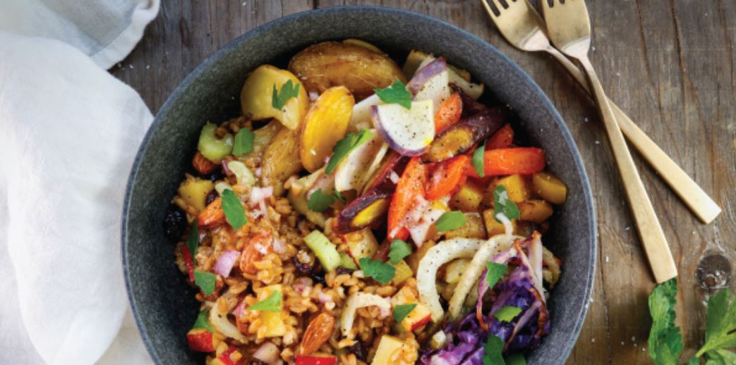 Roasted Root Vegetable and Farro Bowl with a Walnut Vinaigrette