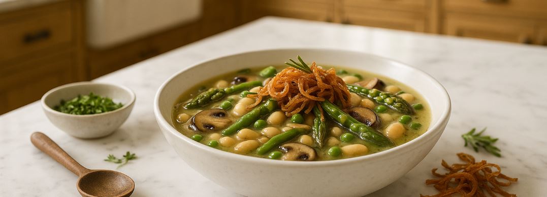 Spring White Bean Soup with Mushrooms, Asparagus and Fried Shallots