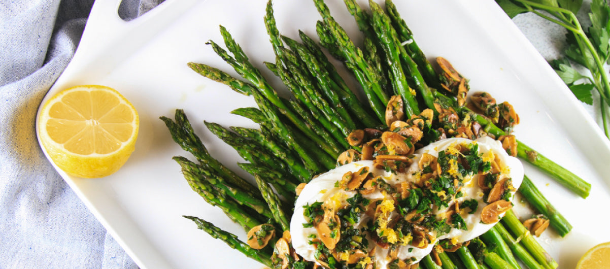 Roasted Asparagus with Burrata, Lemon, and Almonds