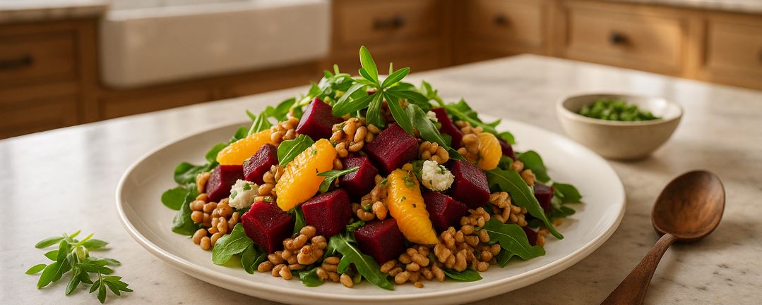 Winter Beet Salad with Baby Greens, Goat Cheese, Farro, Oranges, Walnuts, & Honey Tarragon Dressing