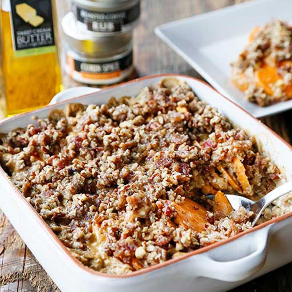 BOURBON SWEET POTATO GRATIN WITH A BACON PECAN CRUMBLE