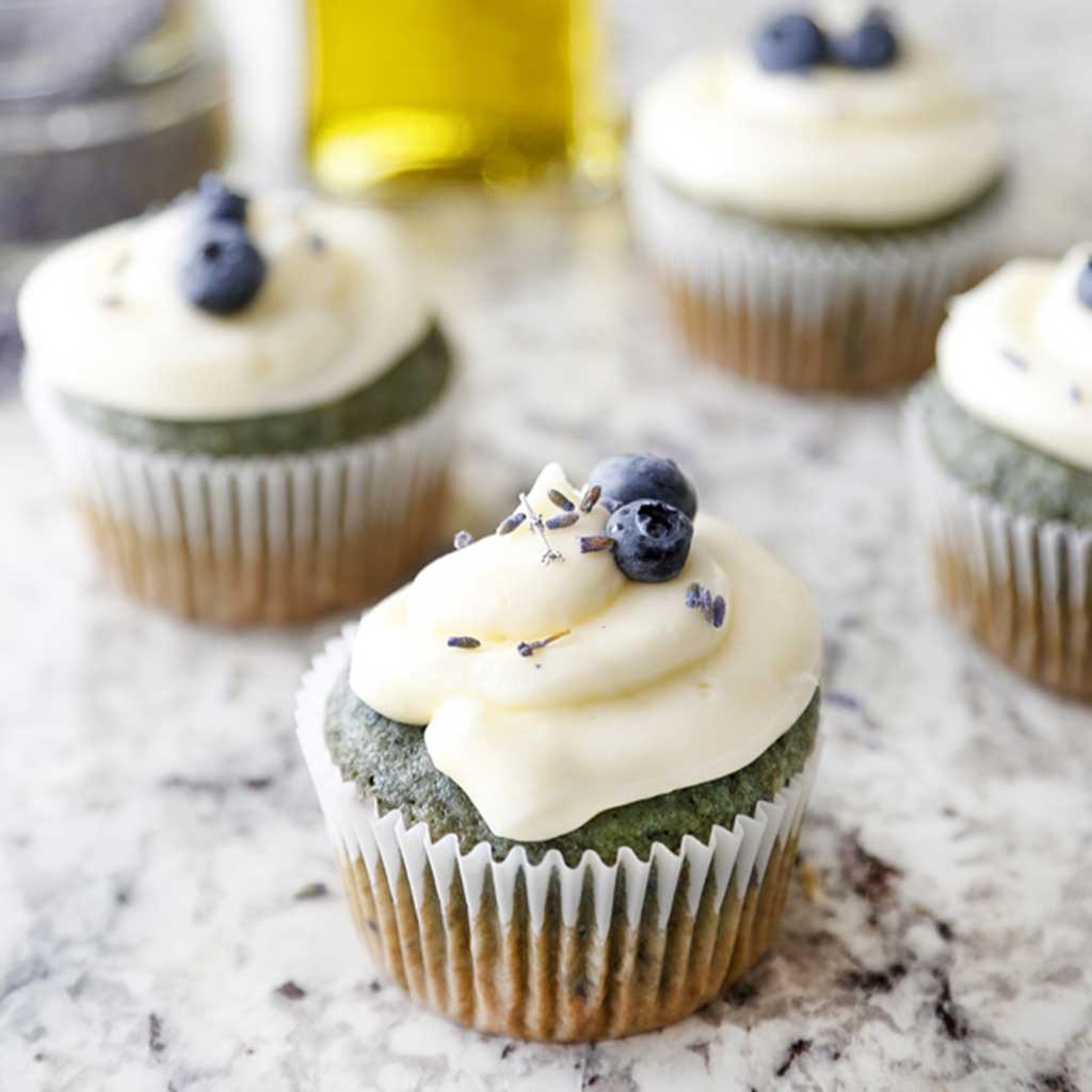 LEMON BLUEBERRY OLIVE OIL CUPCAKES WITH CHAMPAGNE FROSTING