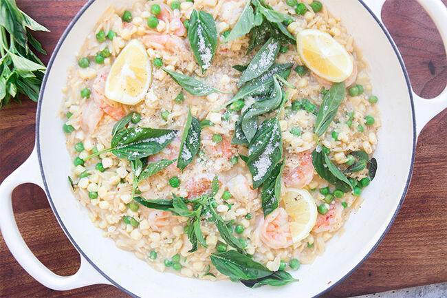 One-Pot Cheddar, Corn and Basil Orzotto with Shrimp