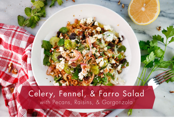 Celery, Fennel, & Farro Salad with Pecans, Raisins, & Gorgonzola