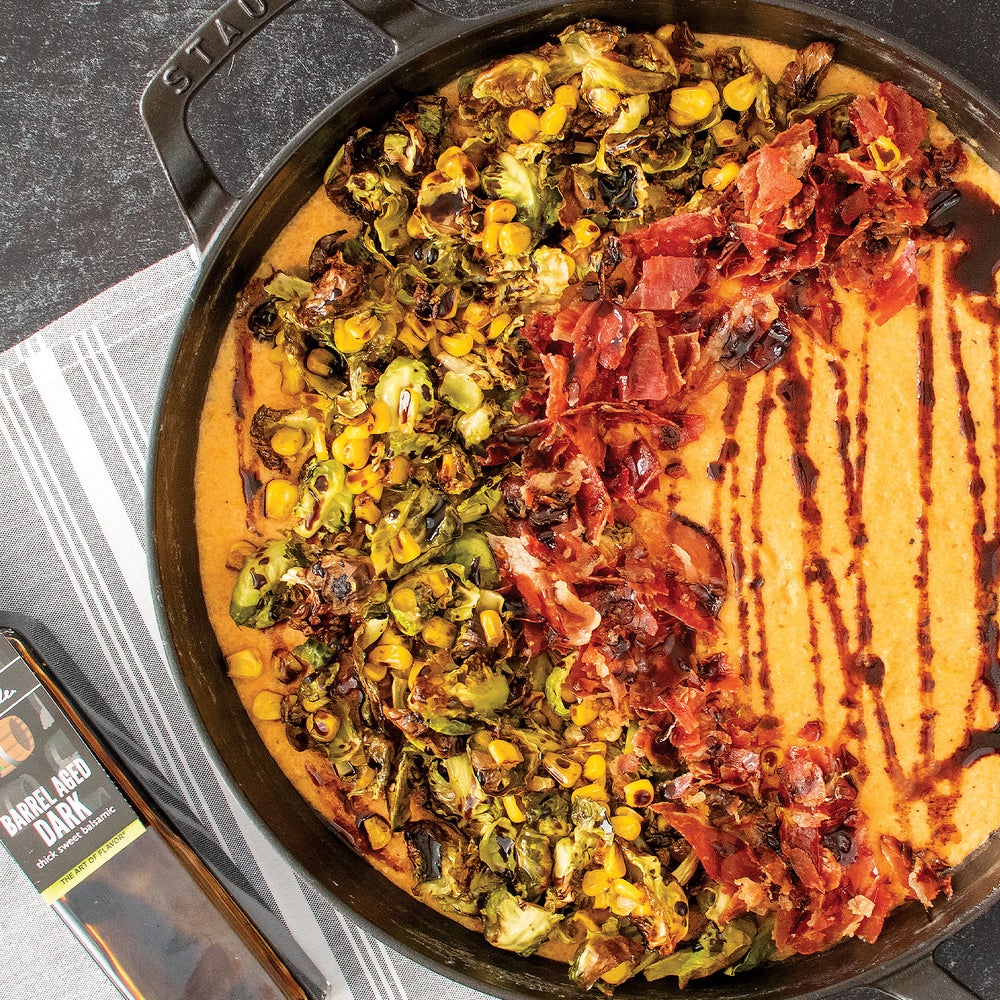 CREAMY POLENTA WITH CRISPY PANCETTA, BRUSSEL SPROUTS, AND CORN