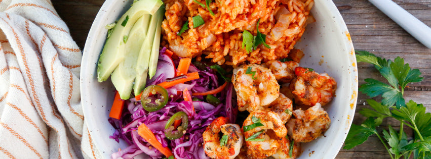 Grilled Cajun Shrimp with Red Rice and Pickled Slaw