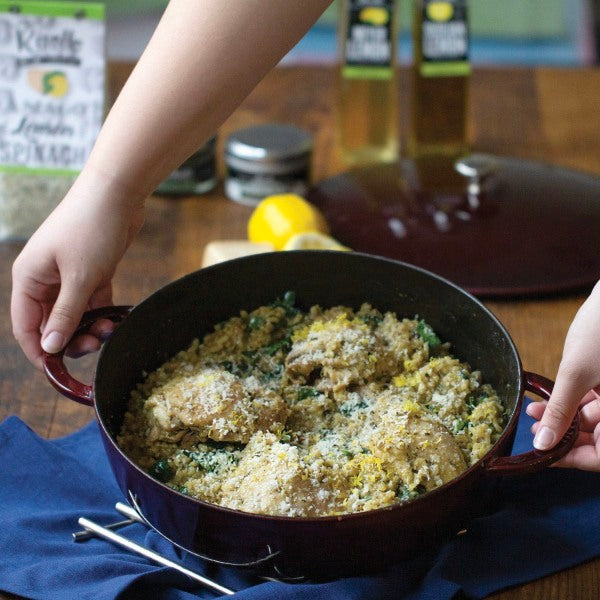 ASIAGO LEMON SPINACH RISOTTO WITH BRAISED CHICKEN THIGHS