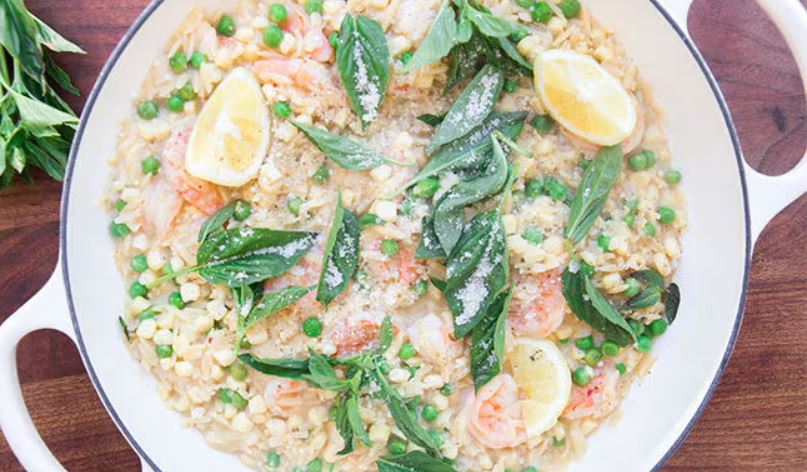 One-Pot Cheddar, Corn and Basil Orzotto with Shrimp