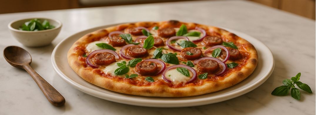 Thin Crust Pizza with Fresh Mozzarella, Chicken Sausage, Red Onion & Basil
