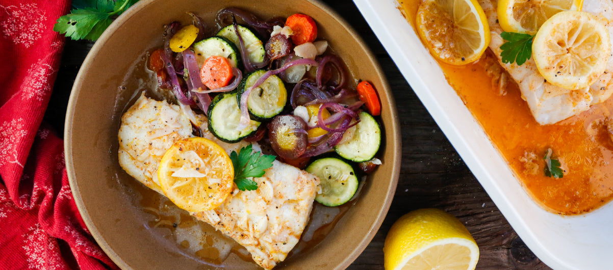 Baked Lemon Cod with Roasted Winter Vegetables