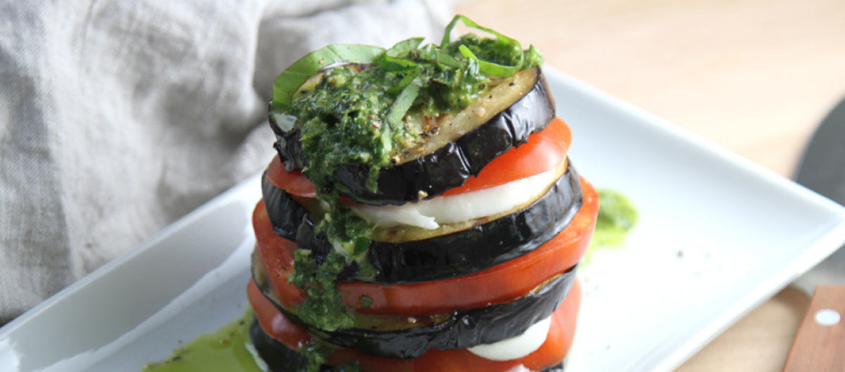 Grilled Eggplant Caprese Stacks with Fresh Pesto