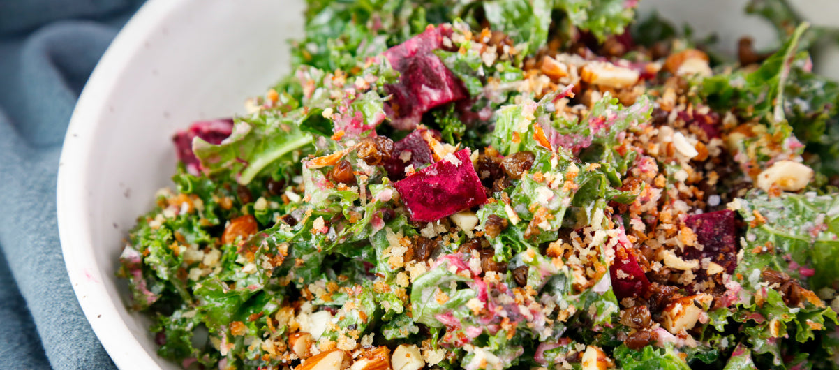 Kale Salad with Roasted Beets, Crispy Lentils, and Garlic Butter Panko