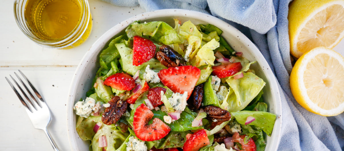 Butterhead Lettuce and Strawberry Salad with Blue Cheese and Candied Pecans