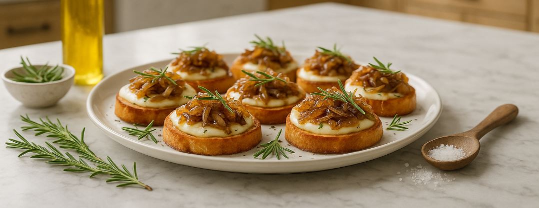 Caramelized Onion, Rosemary & Mozzarella Crostini