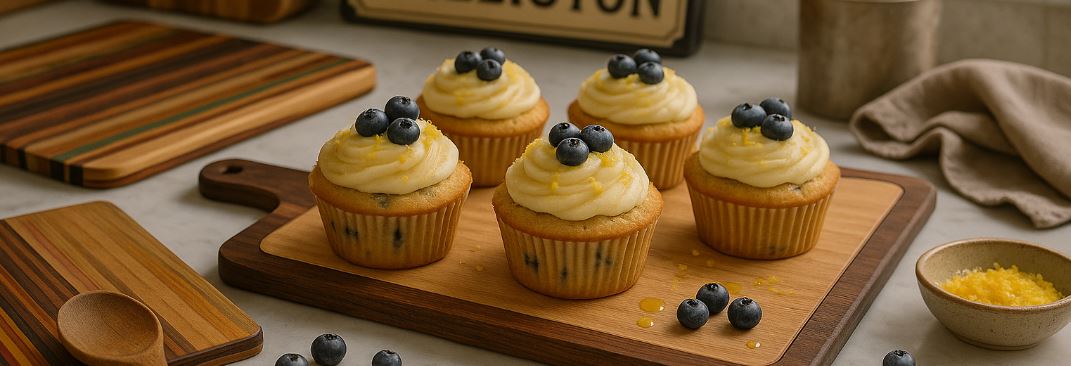 Lemon Blueberry Olive Oil Cupcakes with Champagne Frosting