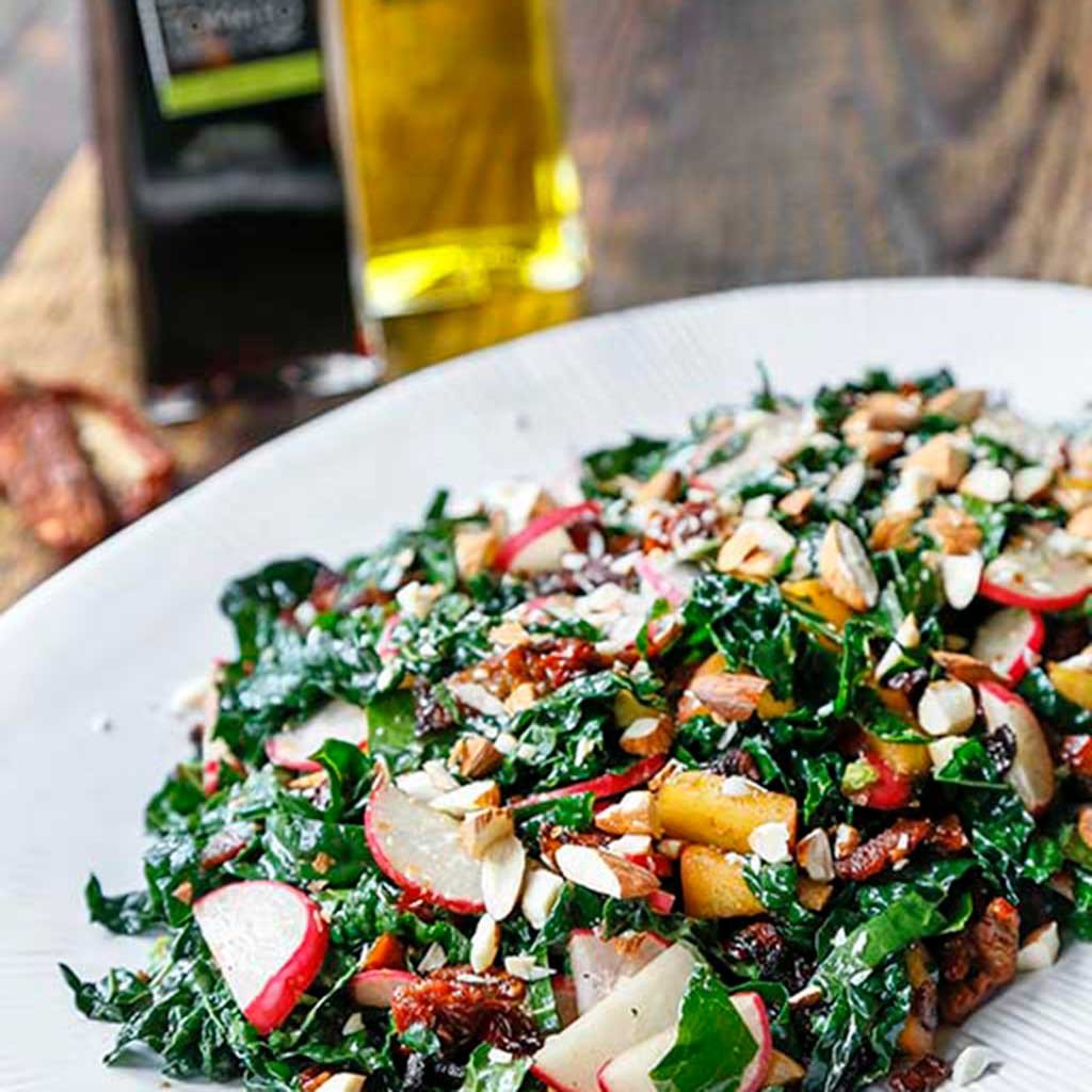 WARM BACON & KALE SALAD WITH SUN DRIED TOMATO VINAIGRETTE